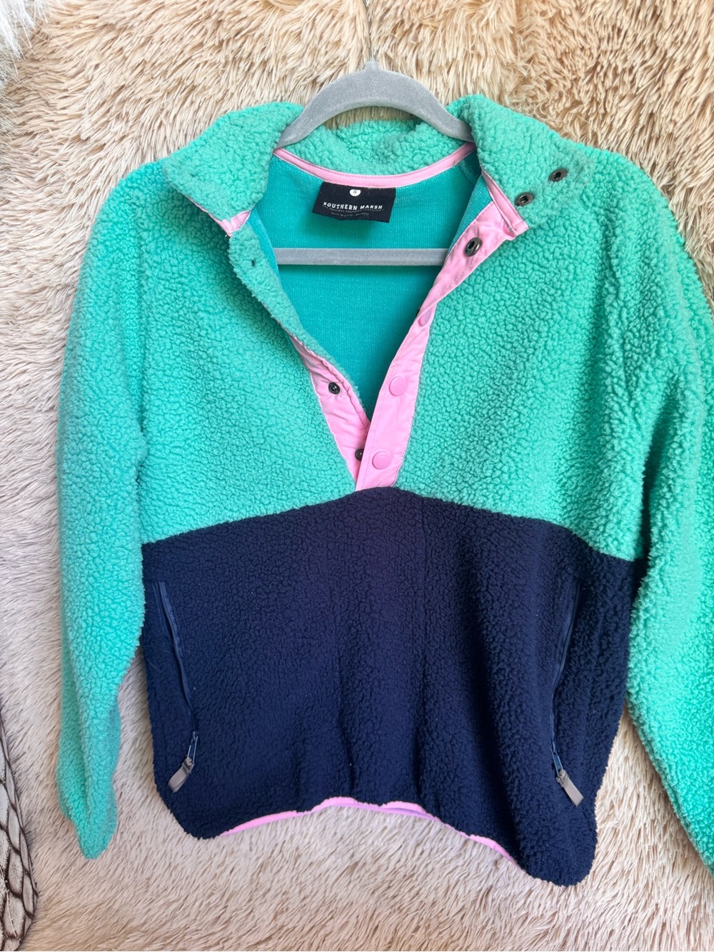 Southern Marsh Colorblock Sherpa Pullover - Teal, Navy & Pink Trim